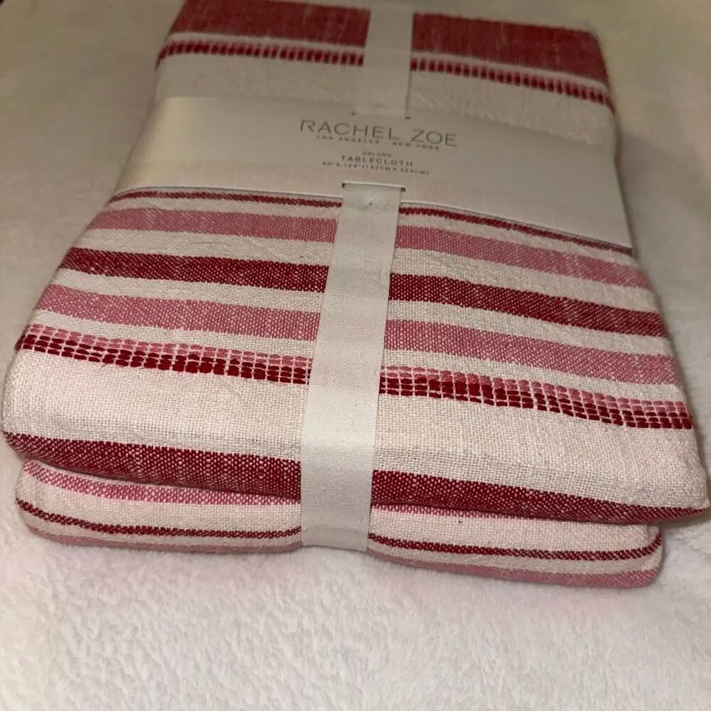 Rachel Zoe Tablecloth Oblong 60 x 104” Red White Pink Stripes 100% Cotton NWT
